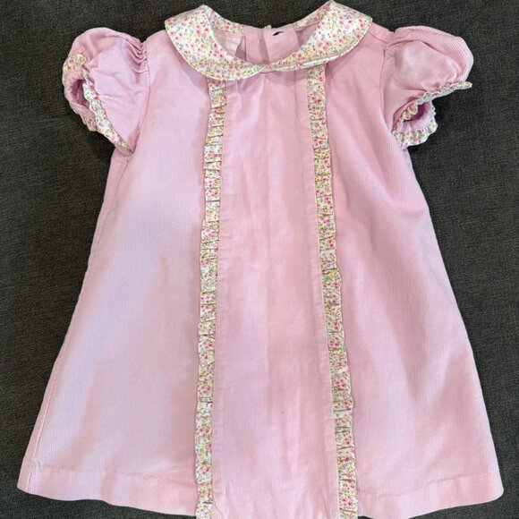 Petit Bebe Pink Corduroy Baby Girl Dress with Floral Trim – 24M - Picture 1 of 9